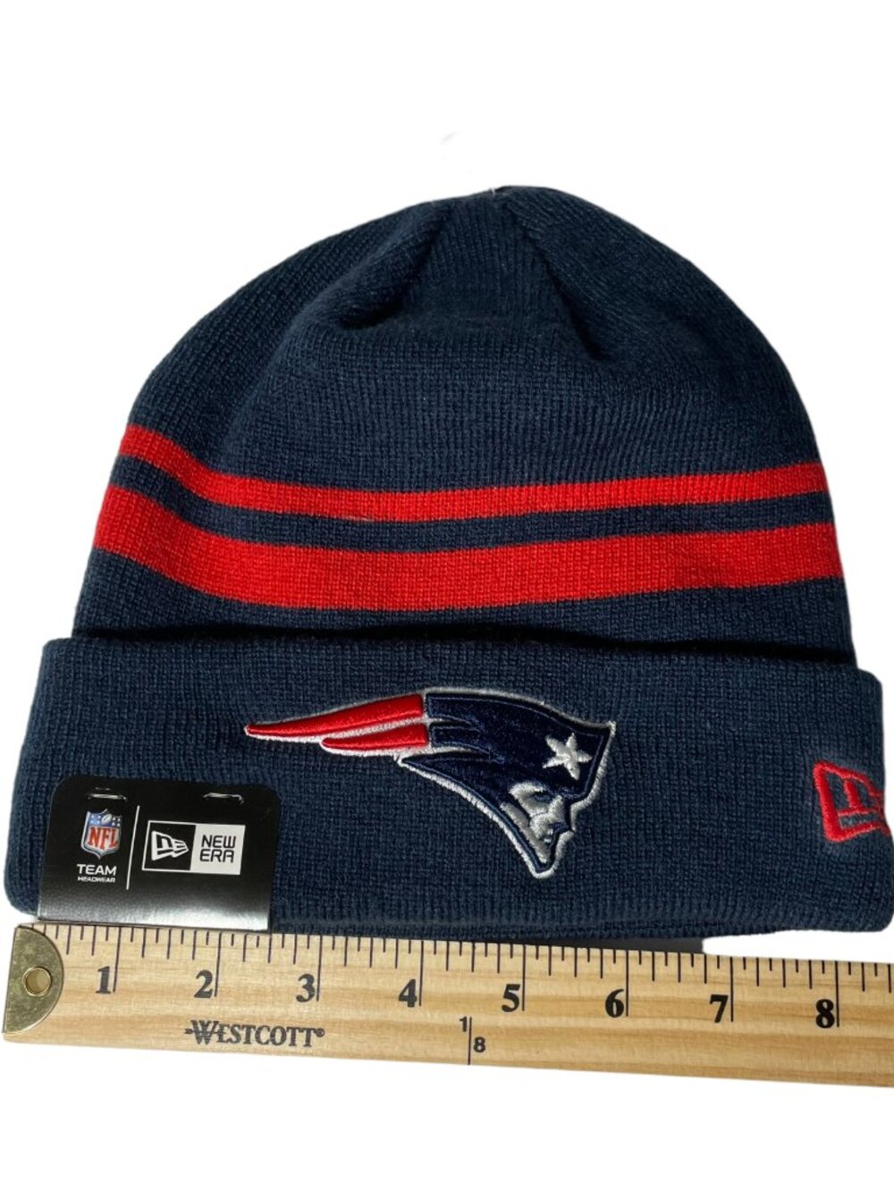Patriots Patch Beanie NWT Embroidered Patch Logo Knit Cuff Hat Navy Blue Red NFL